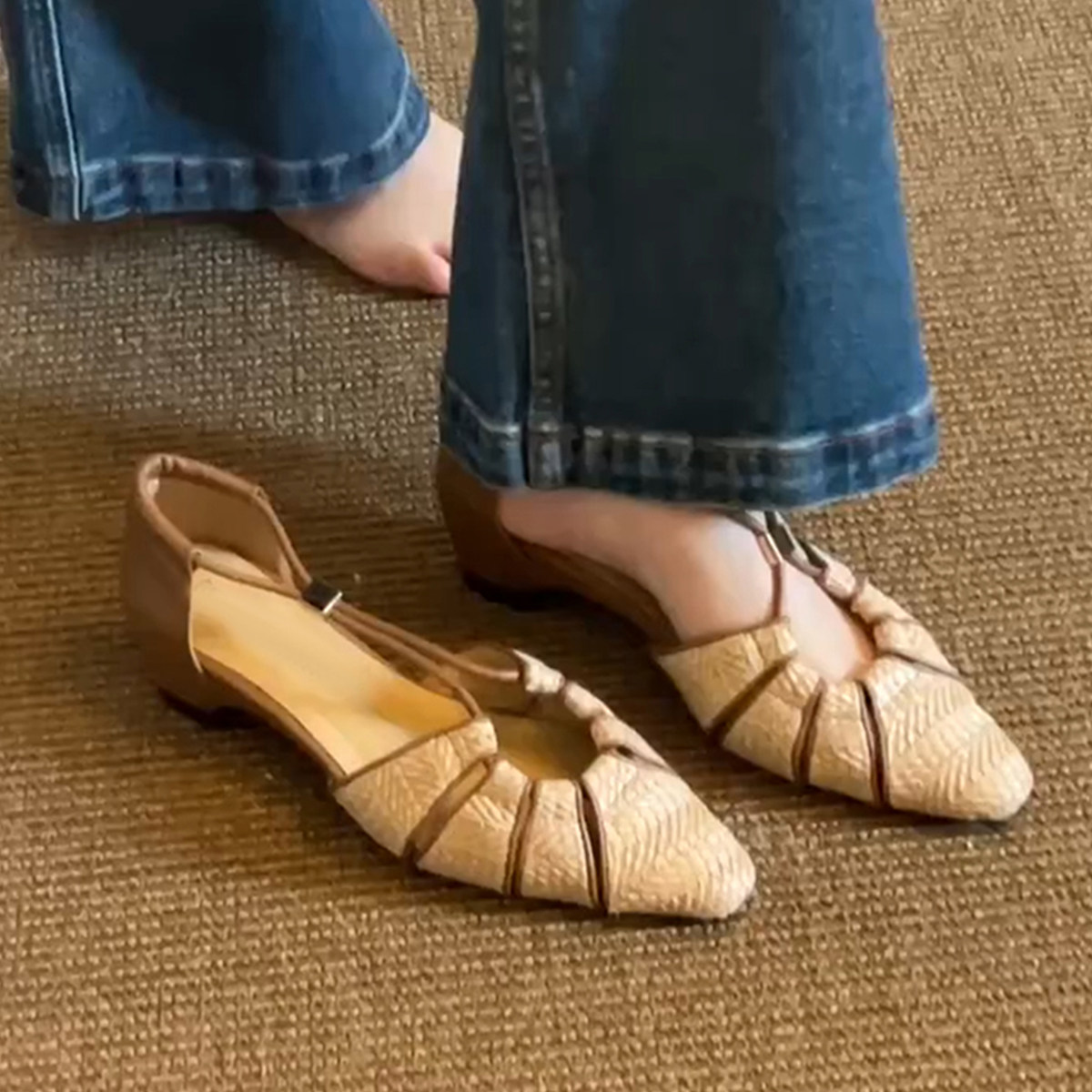 羊皮版~复古风温柔时尚镂空透气包头凉鞋女小众编织通勤外穿凉鞋主图