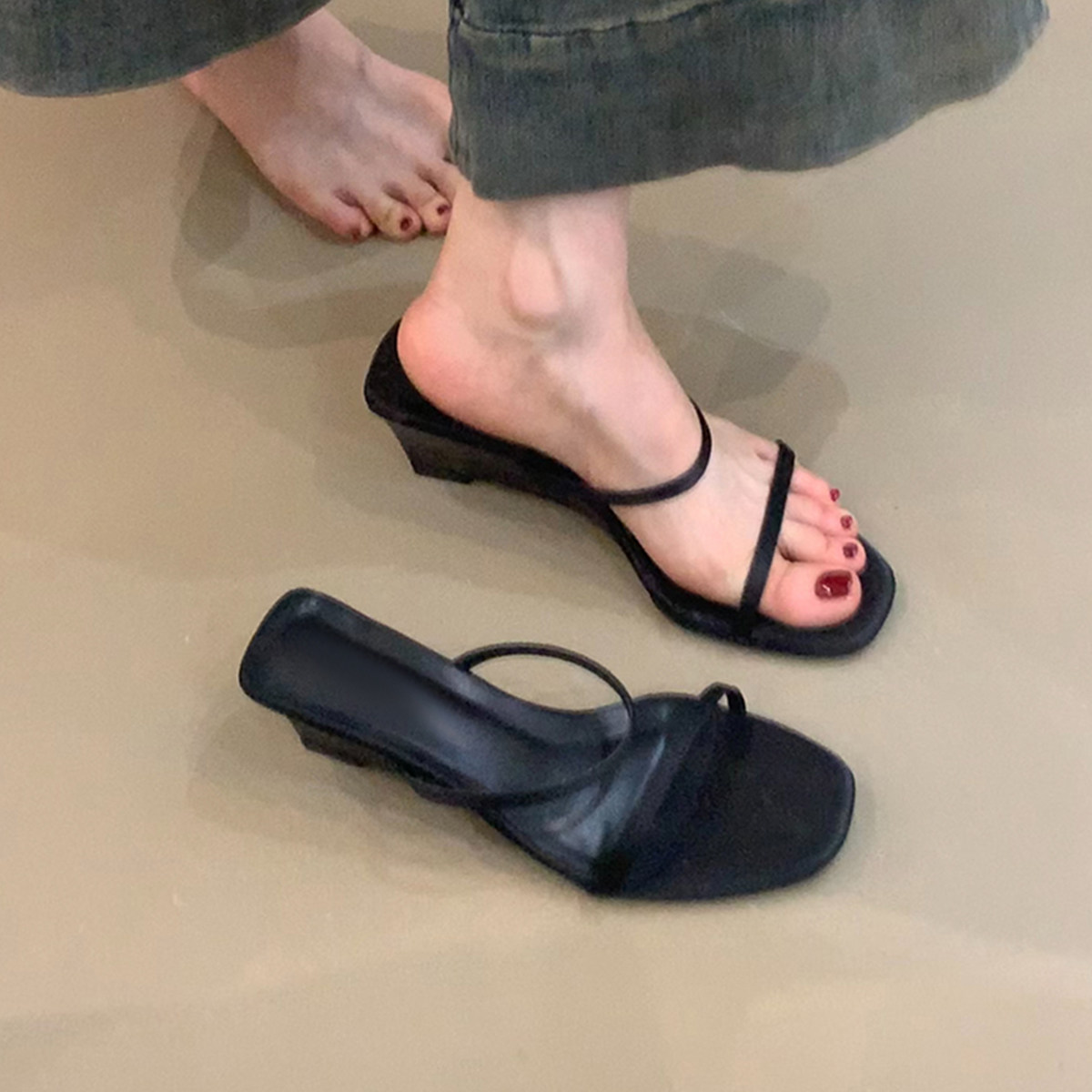 羊皮版~复古时尚小众简约坡跟凉拖鞋女优雅气质不累脚外穿高跟鞋主图
