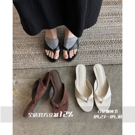 FairyWink 摩登少女～！法式圆头露趾人字拖套趾坡跟休闲凉拖鞋女