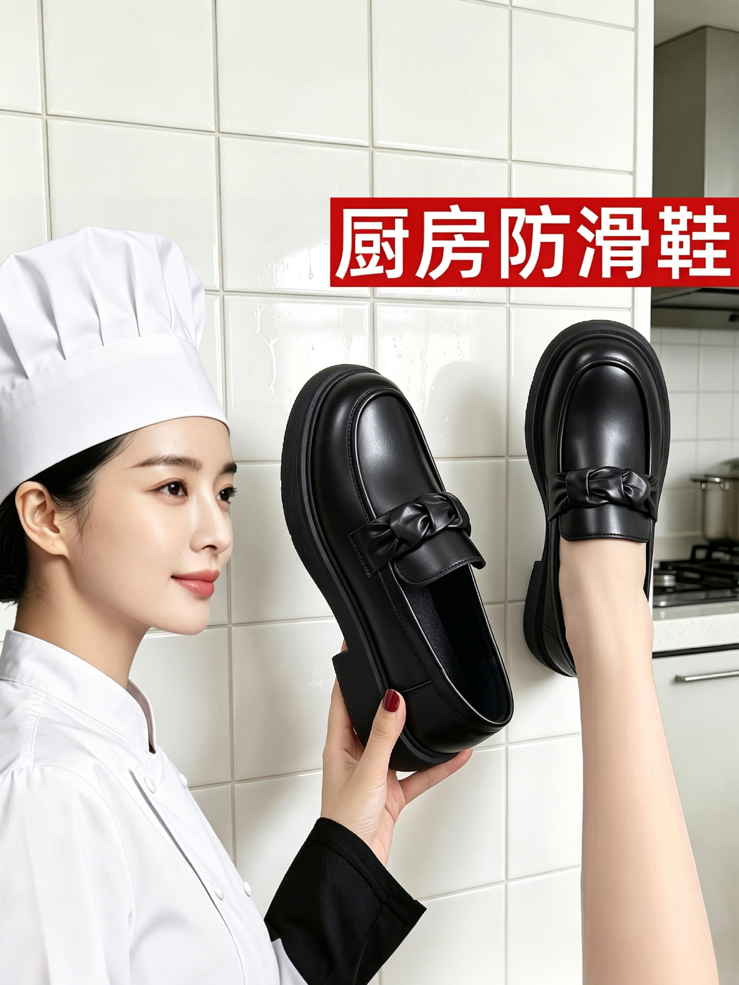厨房专用防滑工作鞋女防水防油不累脚厨师鞋黑皮面软底舒适妈妈鞋主图