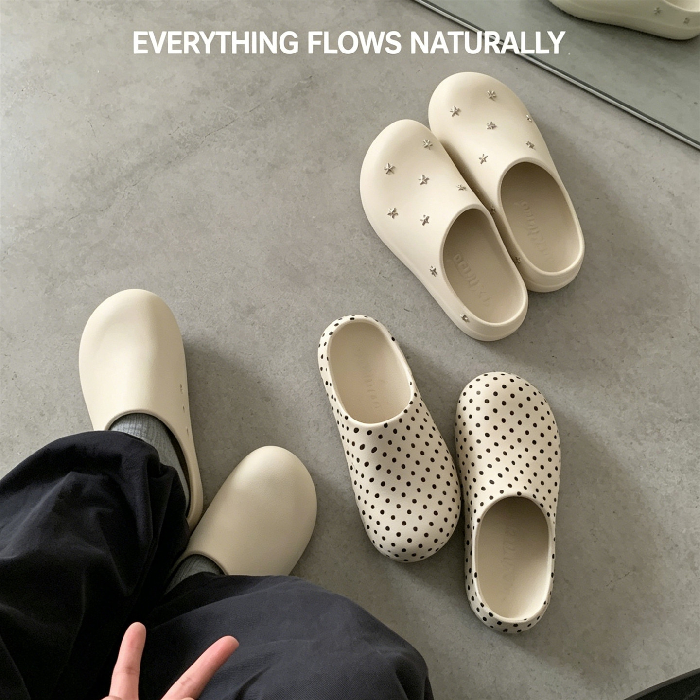 波点防水厨师鞋女简约纯色夏防滑学生外穿足弓支撑不累脚包头拖鞋主图