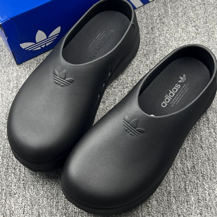 Adidas阿迪达斯三叶草正品黑色厚底厨师鞋女时尚穆勒鞋运动拖鞋