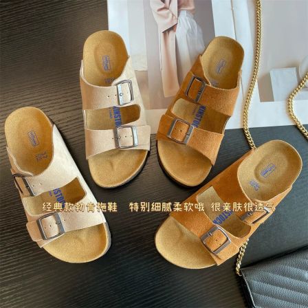等了很久的老钱风 勃肯鞋皮托软木拖鞋女夏百搭真皮厚底凉拖鞋