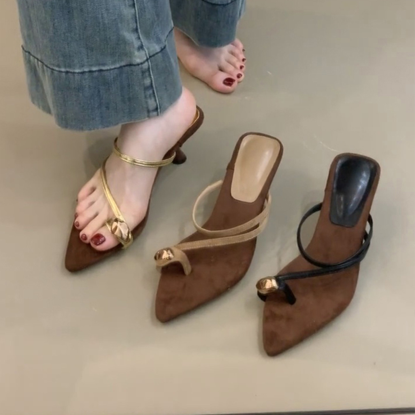 羊皮版~尖头气质法式金属扣套趾高跟凉拖鞋女配裙细跟一字带凉鞋主图