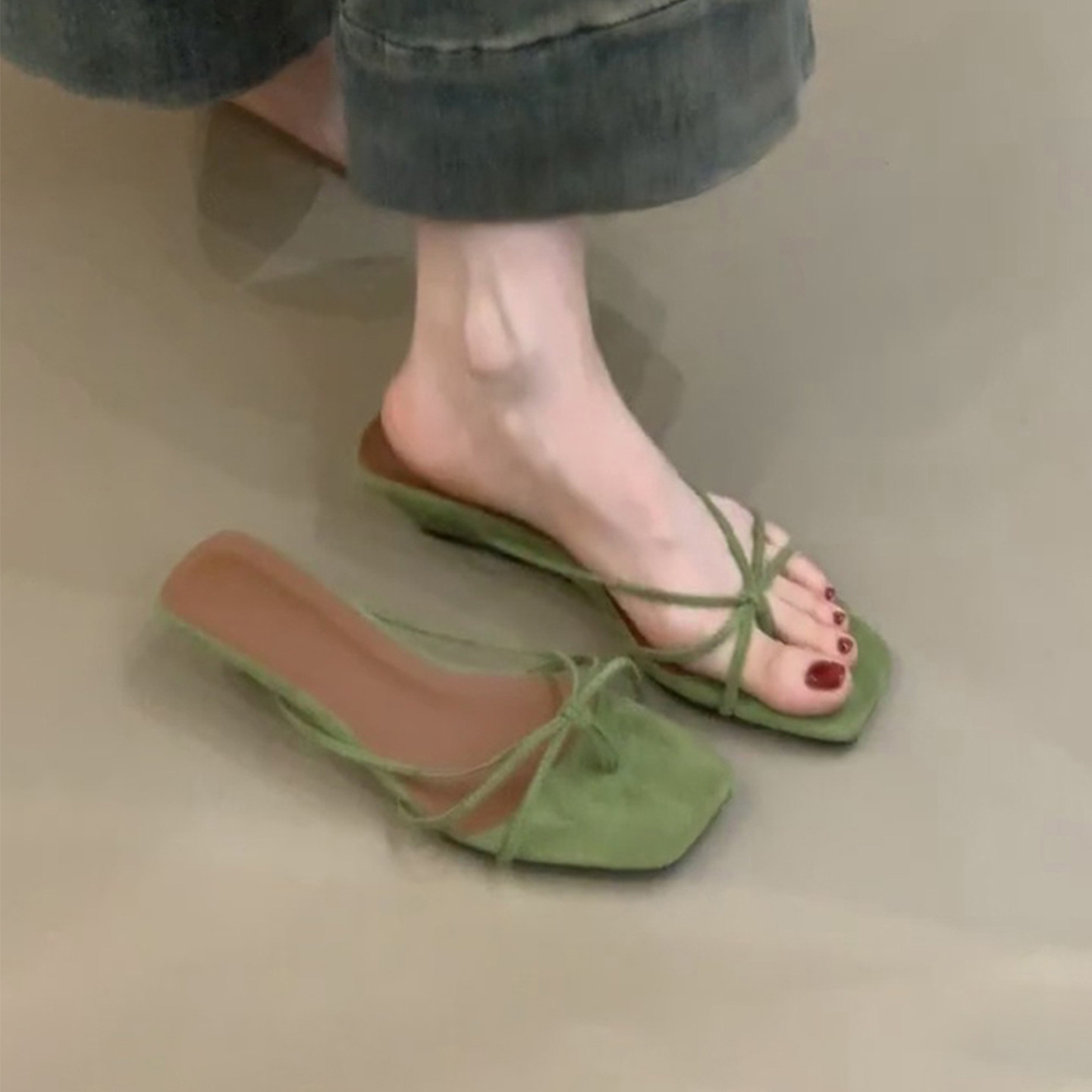 羊皮版~法式简约夹趾一字带拖鞋女外穿方头楔型凉施鞋沙滩人字拖主图