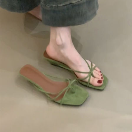 羊皮版~法式简约夹趾一字带拖鞋女外穿方头楔型凉施鞋沙滩人字拖