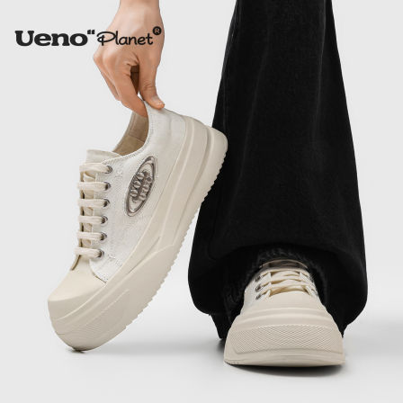 UENO"planet"新款增高休闲板鞋男圆头百搭厚底透气耐磨白色帆布鞋