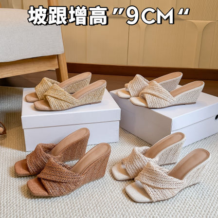 9CM增高~真皮方头坡跟藤草编织拖鞋女2026新款厚底度假风凉拖鞋女