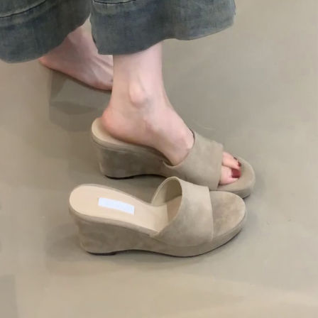 羊皮版~厚底坡跟小个子凉拖鞋露趾法式复古简约高跟一字拖鞋外穿