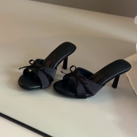 羊皮版~法式蝴蝶结露趾高跟凉鞋女温柔风气质绑带细跟凉拖鞋外穿