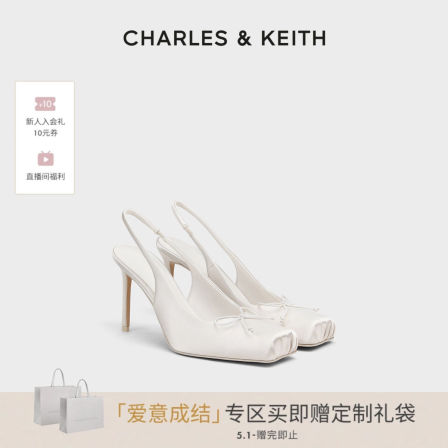 CHARLES&KEITH26夏新款CK1-60580348缎面蝴蝶结方头芭蕾高跟凉鞋