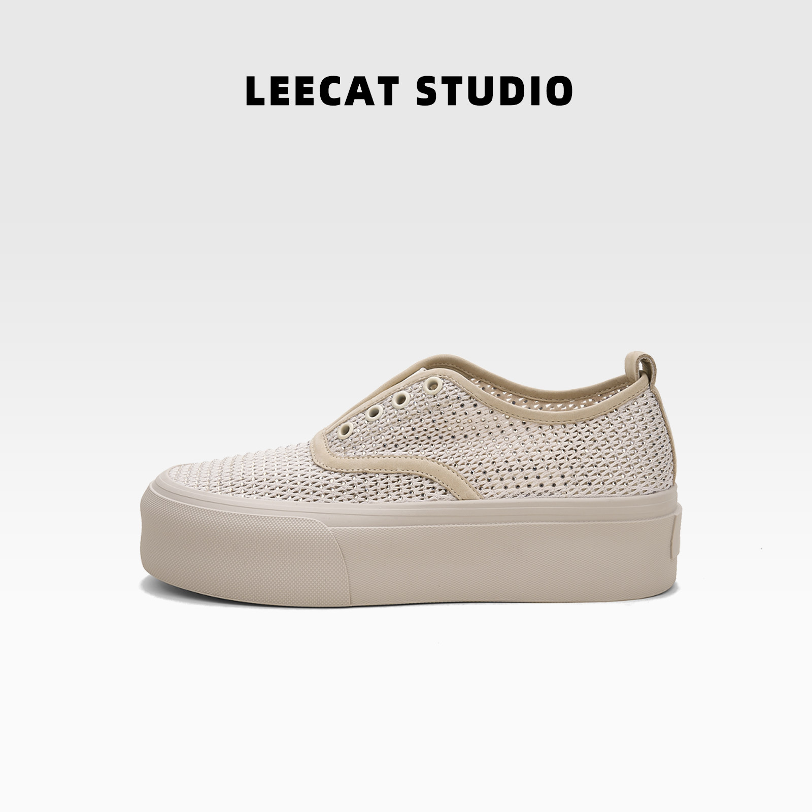 LeeCatStudio|透气厚底板鞋女2026夏季新款一脚蹬软底真皮网面鞋主图