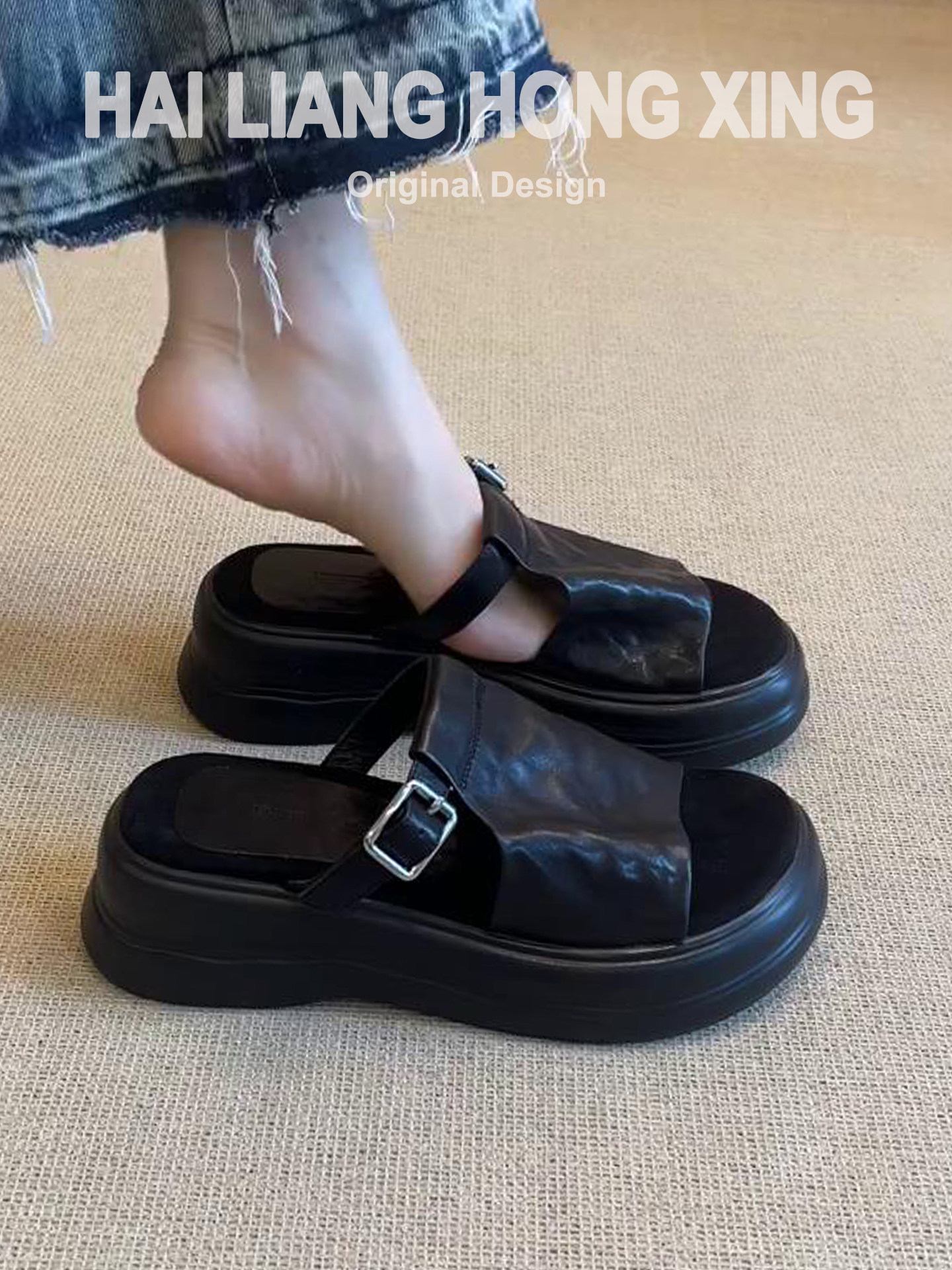 羊皮版~复古增高厚底凉拖鞋女夏外穿新款绝美配裙子百搭勃肯拖鞋主图