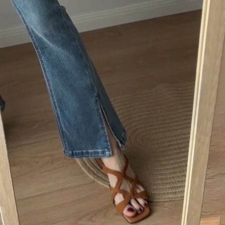 羊皮版~复古露趾法式凉鞋女2026新款夏季交叉带罗马鞋粗跟高跟鞋
