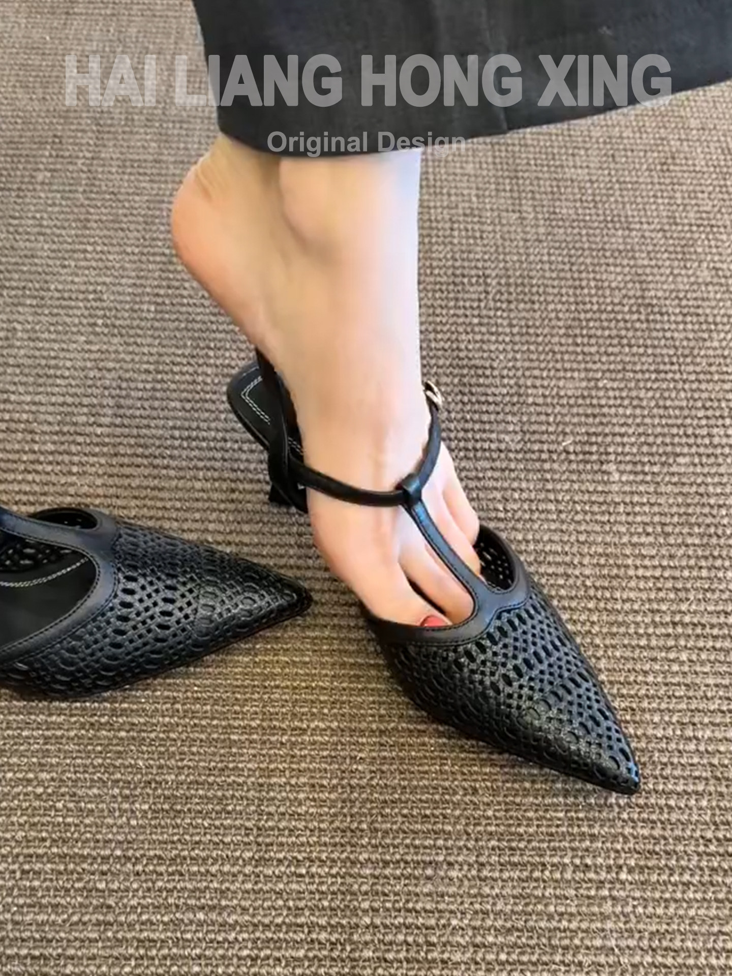 羊皮版~法式包头凉鞋女细跟夏季新款洞洞镂空气质百搭尖头高跟鞋主图