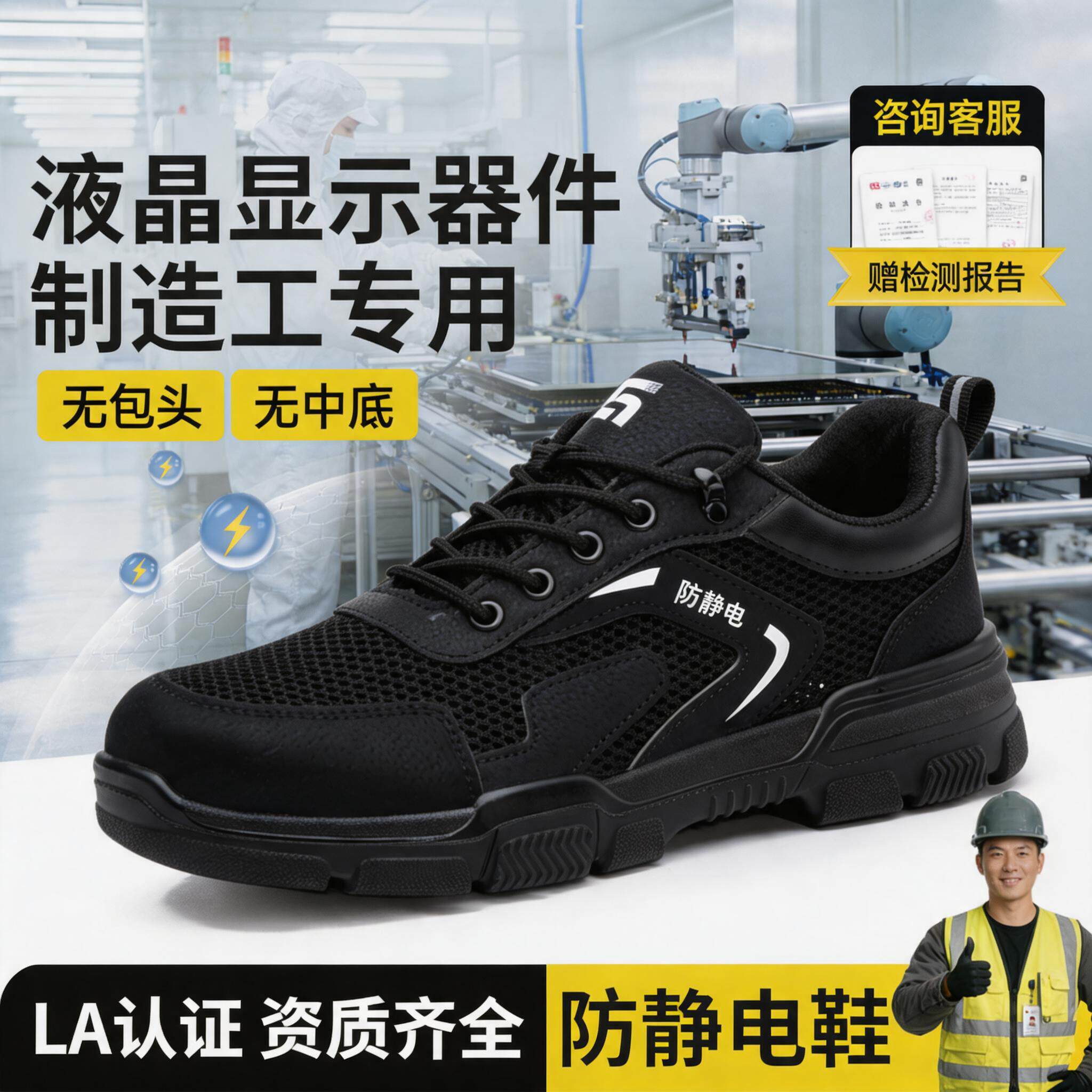 电子厂劳保鞋男女同款防静电隔热安全工作透气液晶显示器件制造工主图