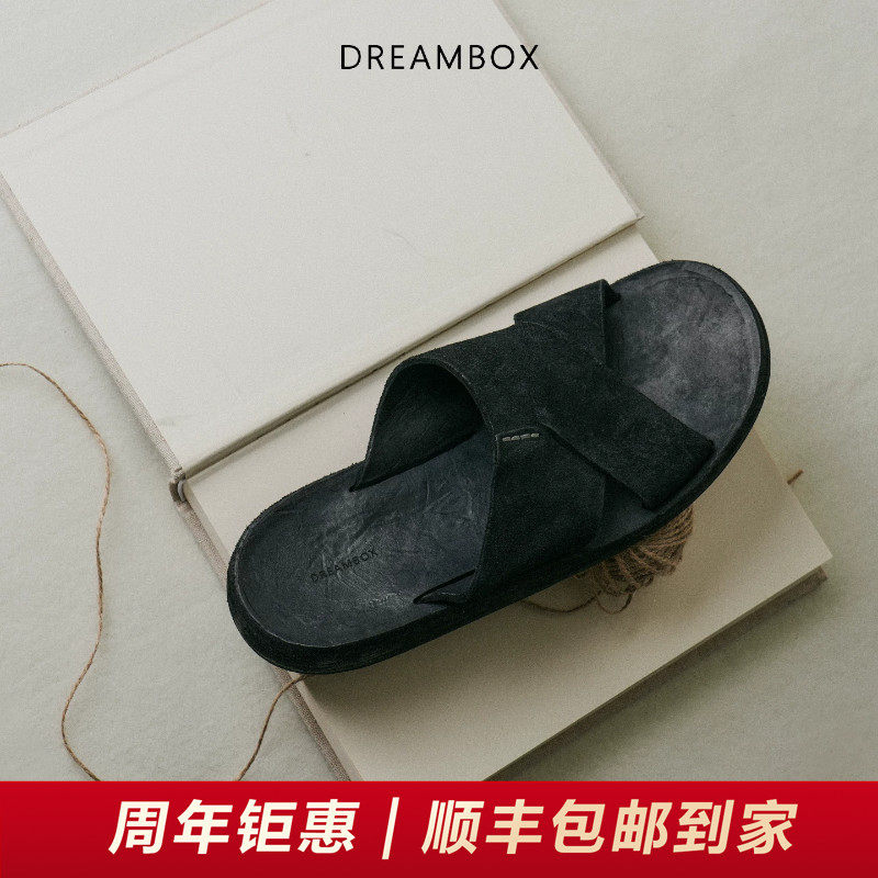 DREAMBOX钧博水洗马皮平底外穿拖鞋2026新款一字拖夏季透气拖凉鞋主图