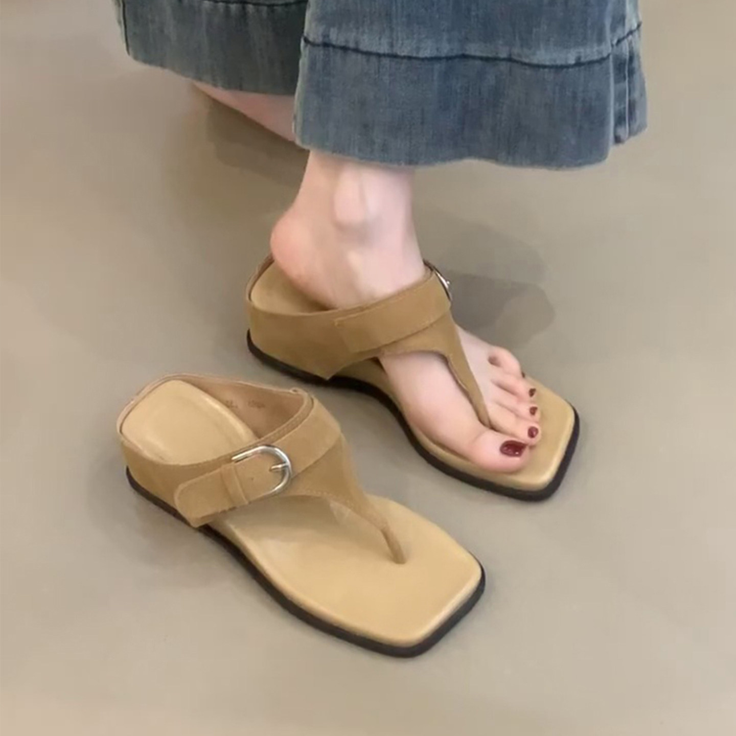 羊皮版~厚底方头皮带扣人字拖鞋女外穿法式复古度假风夹趾凉拖鞋主图