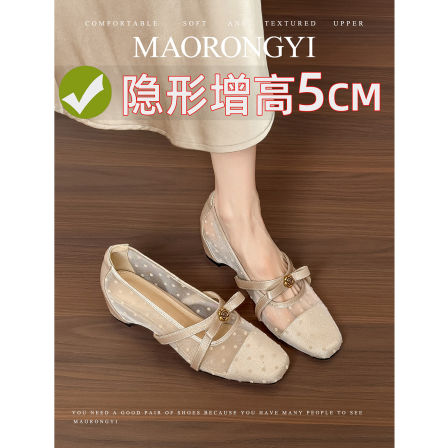 毛容易~增高5CM新款方头一字带网纱玛丽珍女鞋镂空波点蝴蝶结单鞋