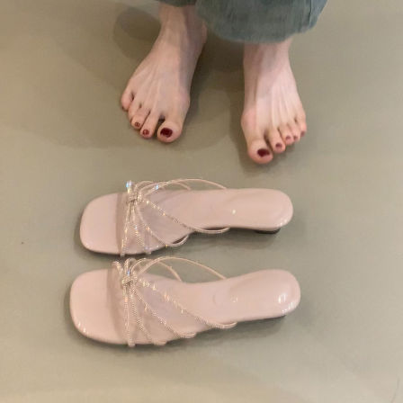 羊皮版~绝美水钻温柔风蝴蝶结凉拖鞋女方头简约坡跟露趾夏季拖鞋