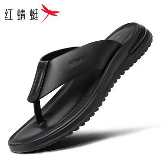 红蜻蜓夏款人字拖牛皮凉拖鞋真皮休闲拖鞋男透气户外休闲外穿软底