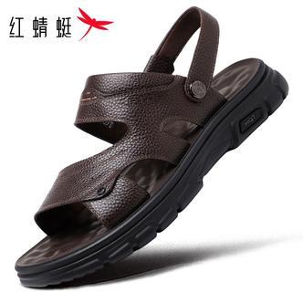 红蜻蜓夏季新款皮凉鞋男真皮全牛皮爸爸开车凉拖鞋品牌外穿沙滩鞋