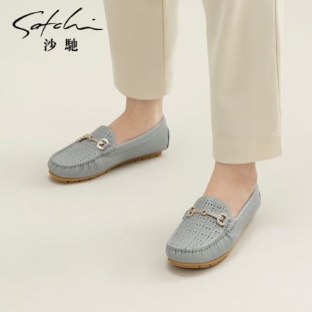 沙驰女鞋豆豆鞋冲孔透气软底蛋卷鞋2025春季新款舒适休闲平底单鞋