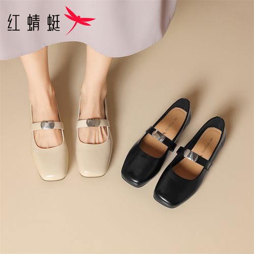 红蜻蜓简约玛丽珍鞋2026春秋方头金属饰扣一字带低跟通勤浅口女鞋主图
