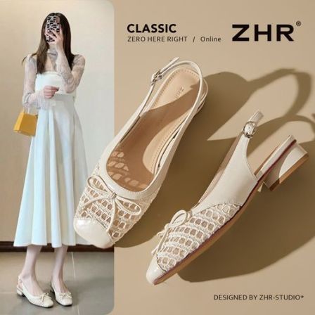ZHR/则则包头凉鞋女夏季新款法式蝴蝶结配裙单鞋编织后空浅口凉拖