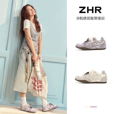 ZHR/则则明星同款德训鞋女夏新款透气休闲百搭芭蕾双色鞋带小白鞋