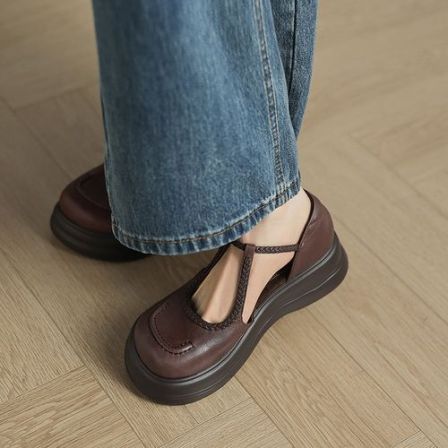 5CM 2026包头凉鞋女款厚底时尚百搭中跟新款一字带真皮女鞋
