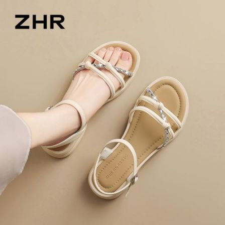 ZHR/则则平底凉鞋女夏季外穿2026新款水钻一字带凉拖仙女风沙滩鞋
