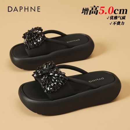 达芙妮水钻蝴蝶结一字拖鞋女款夏季外穿厚底凉拖鞋防滑软底沙滩鞋