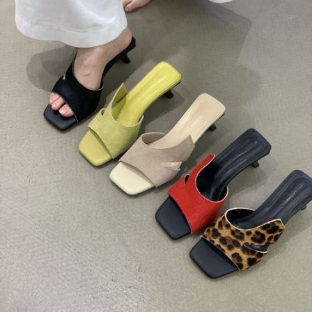 6cm！小众复古方头露趾细跟凉拖女夏季外穿百搭时尚法式高跟一字拖