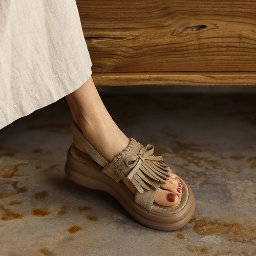 5CM2026夏季新款厚底流苏凉鞋时尚百搭中跟圆头休闲舒适真皮女鞋主图