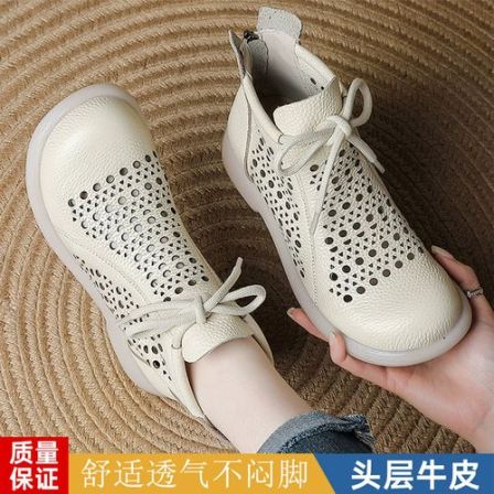 头层牛皮镂空凉靴女夏季软底透气妈妈鞋防滑洞洞短靴平底马丁单靴