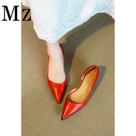 Mr.Zheng/3.5cm/水洗头层牛皮/小猫跟侧空尖头单鞋女真皮凉鞋女鞋