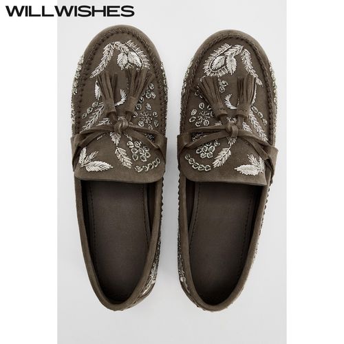 WILLWISHES/王玎设计女鞋春秋英伦风平底单鞋女刺绣反绒皮乐福鞋主图
