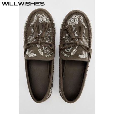 WILLWISHES/王玎设计女鞋春秋英伦风平底单鞋女刺绣反绒皮乐福鞋