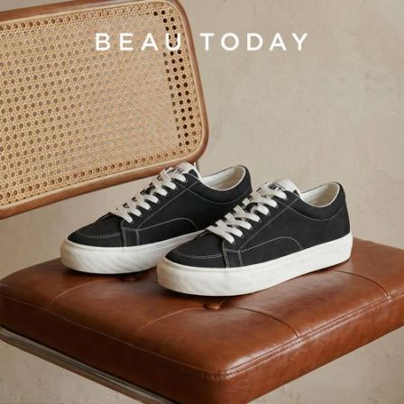 BeauToday【牛反绒板鞋】黑色厚底休闲鞋男女同款透气情侣百搭复古 