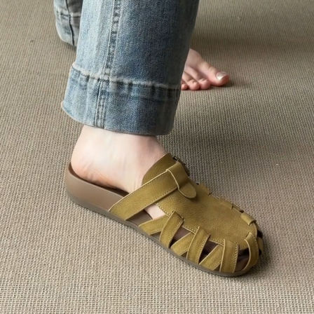 羊皮版~复古罗马镂空包头半拖鞋女夏季外穿一脚蹬鞋子厚底凉拖鞋
