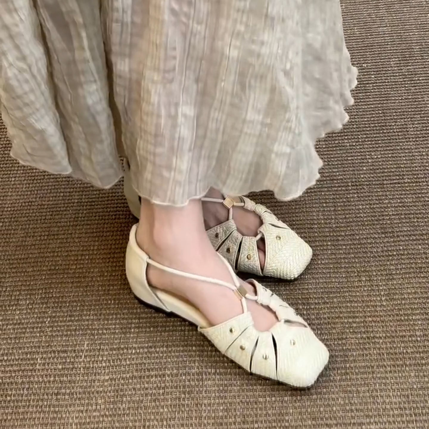 羊皮版~法式铆钉方头玛丽珍单鞋女夏季内增高鞋子交叉带包头凉鞋主图