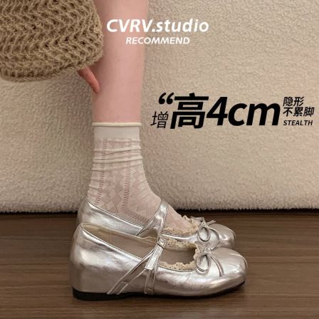 法式蕾丝蝴蝶结玛丽珍鞋女2026新款春夏银色单鞋内增高芭蕾小皮鞋