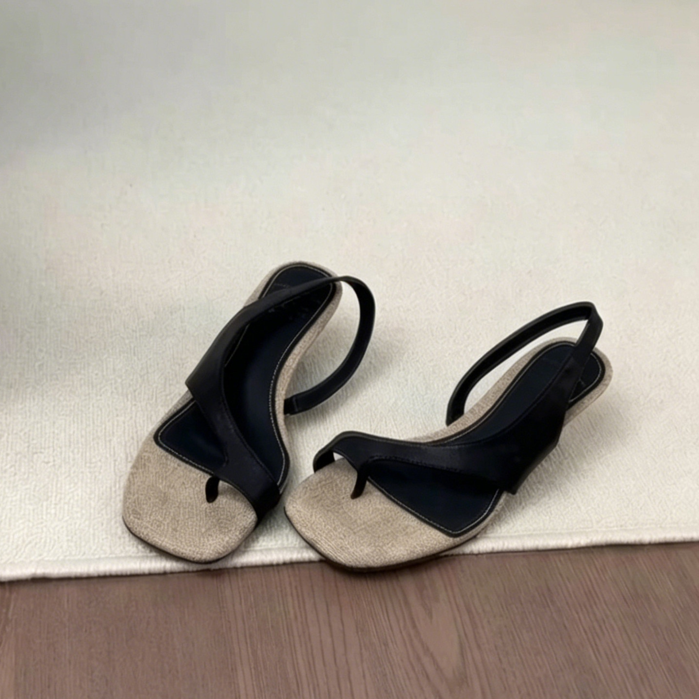 羊皮版~简约风法式方头夹趾高跟凉鞋女百搭度假气质细跟罗马凉鞋主图