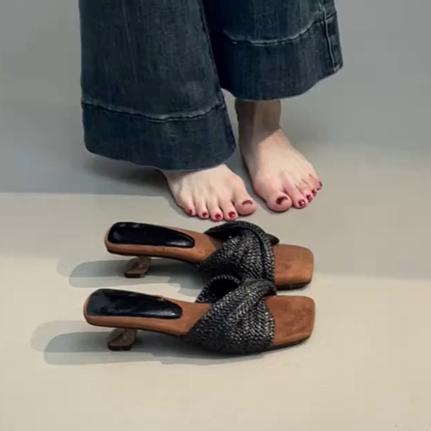 羊皮版~方头法式编织一字带凉拖鞋外穿度假风气质拖鞋女粗跟凉鞋主图