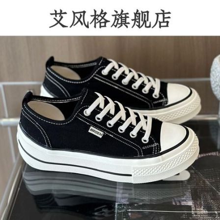 厚底低帮透气圆头帆布鞋女2026新款春季运动休闲一脚蹬板鞋小白鞋