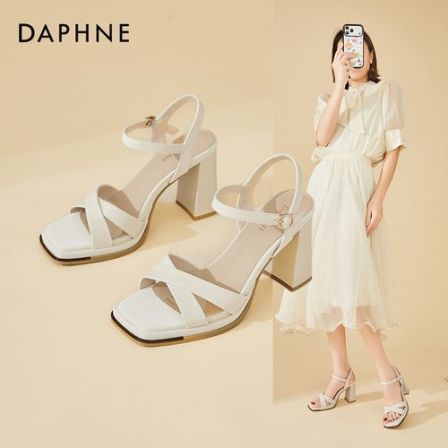 Daphne/达芙妮夏季露趾粗跟女凉鞋气质配裙子宴会鞋一字扣高跟鞋