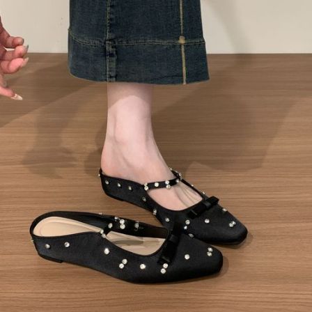 法式休闲包头半拖女2026夏季新款内增高方头浅口蝴蝶结外穿凉拖鞋