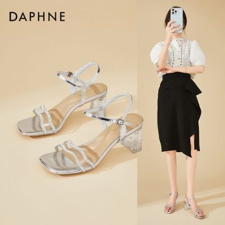 Daphne/达芙妮水钻一字带露趾凉鞋女夏新款方跟高跟鞋百搭宴会鞋