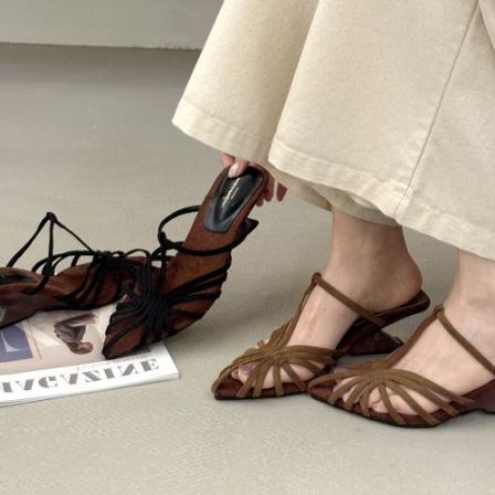 2026夏季新款法式复古尖头坡跟包头凉鞋一脚蹬高跟罗马凉拖鞋女